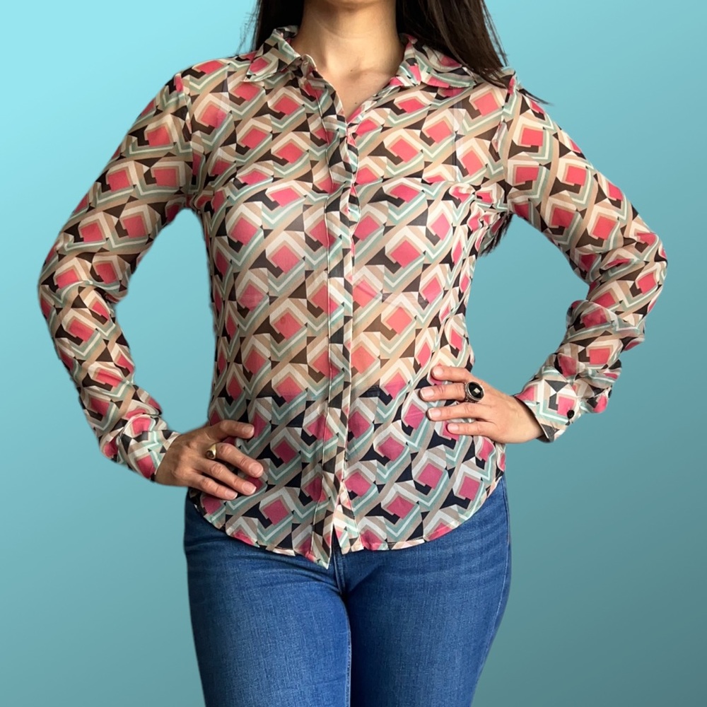 NWT BEBE Women's Silk Blouse Geometric Luxurious Button Down Long Sleeve, XS sz